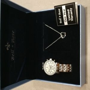 Bell & Rose Silver tone Women's watch and Heart Necklace Set
